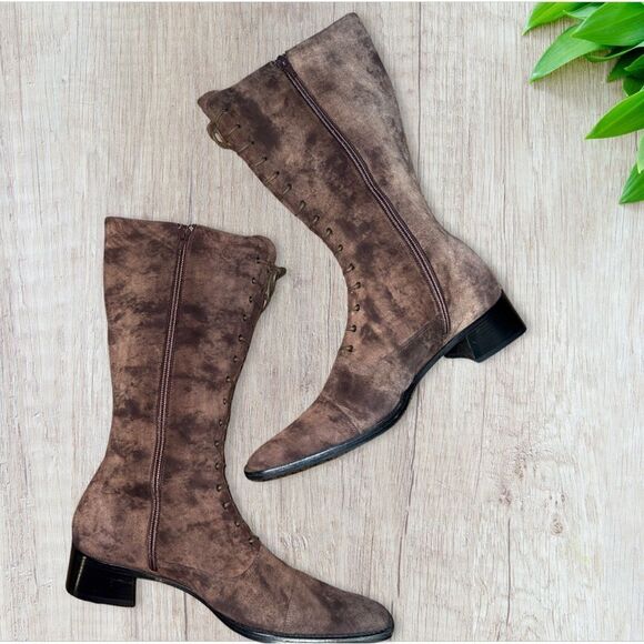 Flavio Zanasca Brown Suede Leather Lace Up Heeled Italian Designer Boots 8.5 - Picture 3 of 11